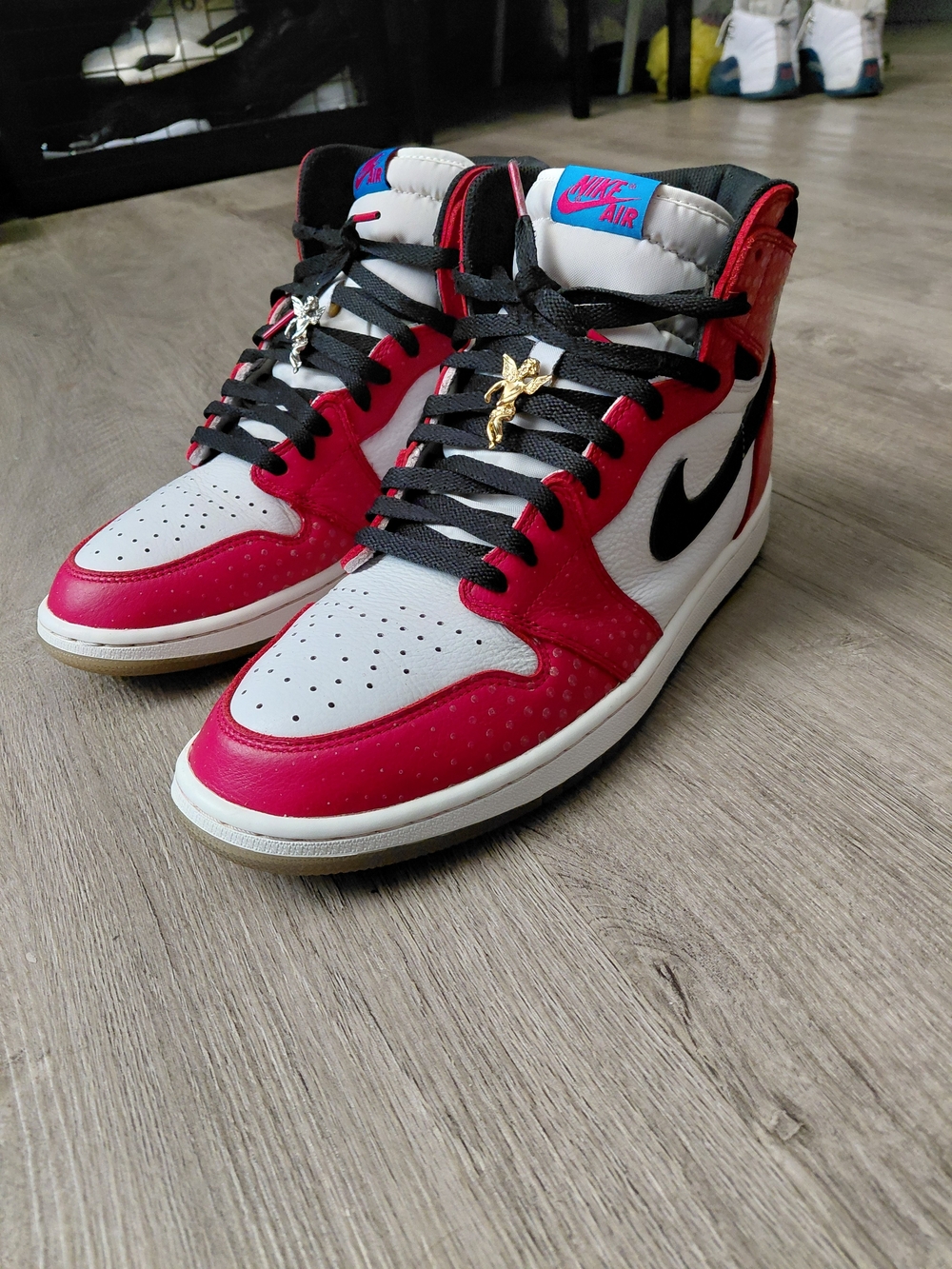 Jordan High-Top Sneakers in White, Red & Black